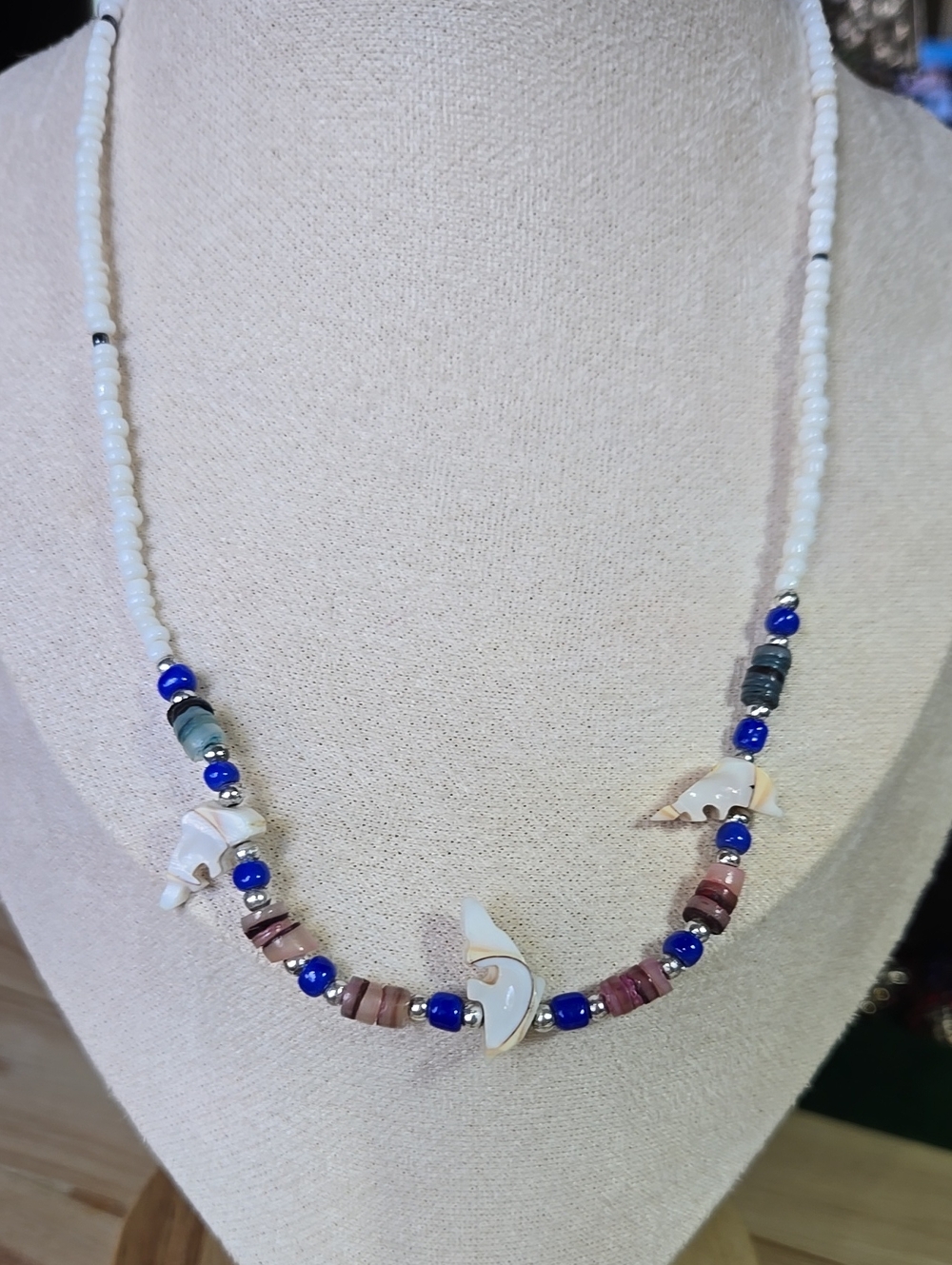 White and Blue Beaded Dolphin Pendant Necklace